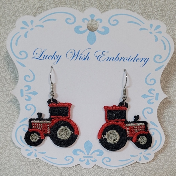 New!  Handmade Red/light Gray Tractor Earrings - Picture 1 of 2